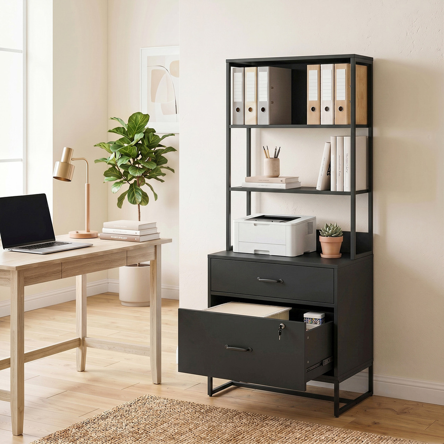 Aosom Aktenschrank aus Metall in Schwarz, abschließbarer Büroschrank mit 2 Schubladen und 3 offenen Ablagefächern, B/T/H: 70 x 40 x 157 cm - Bild 2