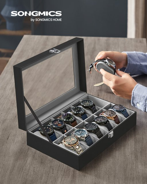 Songmics Uhrenbox Bridie mit 12 Fächern und Glasdeckel in Schwarz - Bild 2