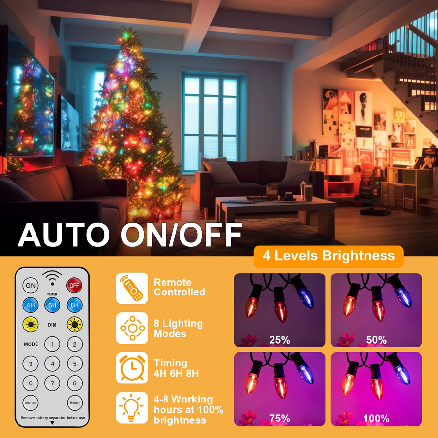 Grensk Solar-LED-Lichterkette C7 mit 8 Lichtmodi, bunte RGB-Weihnachtsbeleuchtung, wetterfest und bruchsicher - Bild 2