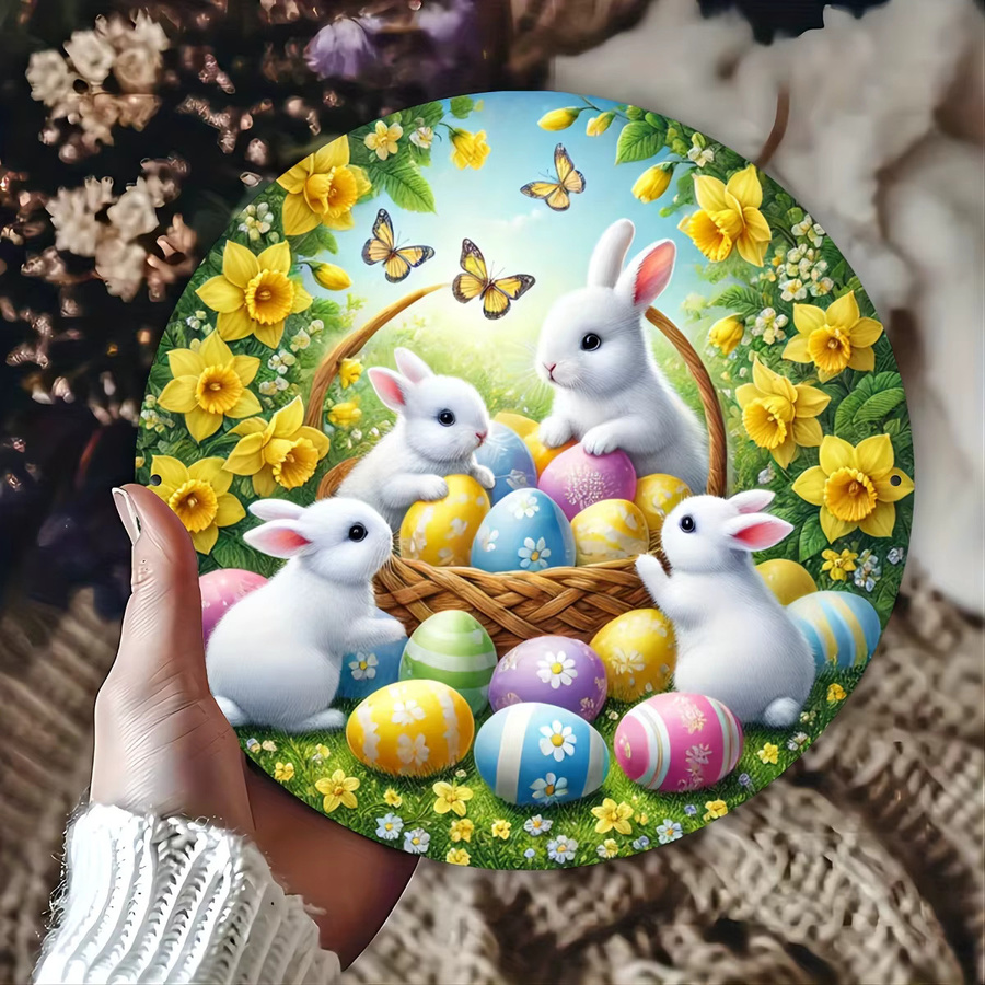 HELLOYOUNG Osterhasen Wandkunst aus Metall, rundes 2D-Dekorschild mit floralem Motiv in Mehrfarbig, Durchmesser: 20 cm - Bild 3