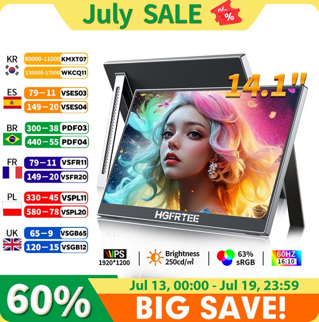 HGFRTEE Tragbarer 14,1 Zoll Monitor Full HD Zweitbildschirm für Laptop mit USB-C und Ständer, Schwarz, Kompatibel mit PS5, Xbox und Nintendo Switch - Bild 1
