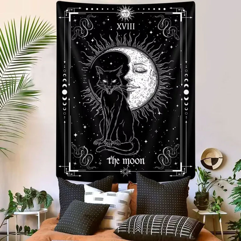 VIKAMA Mond-Tarot-Wandteppich mit schwarzer Katze und Stern-Mond-Muster in Schwarz, Wanddekoration für Wohnzimmer und Schlafzimmer - Bild 2