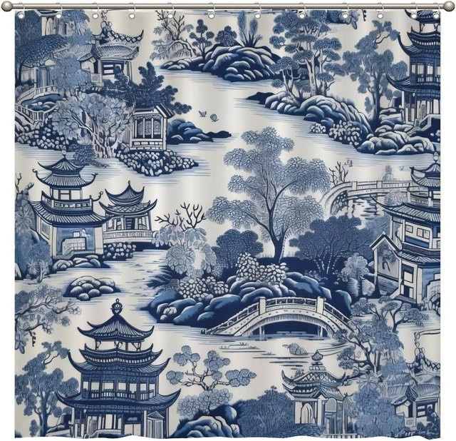 Duschvorhang Chinoiserie-Stil von Yiran Furniture in Aqua Teal Blau mit orientalischem Pagoden-Motiv, Breite: 180 cm, Höhe: 180 cm - Bild 1