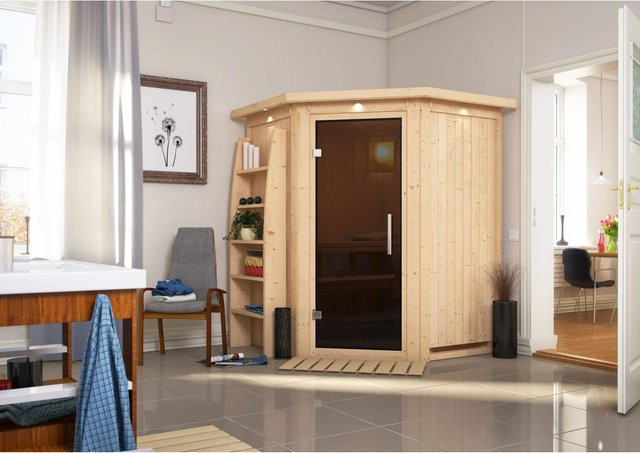 Karibu Sauna Lyra mit LED-Dachkranz in Natur Braun - Bild 1