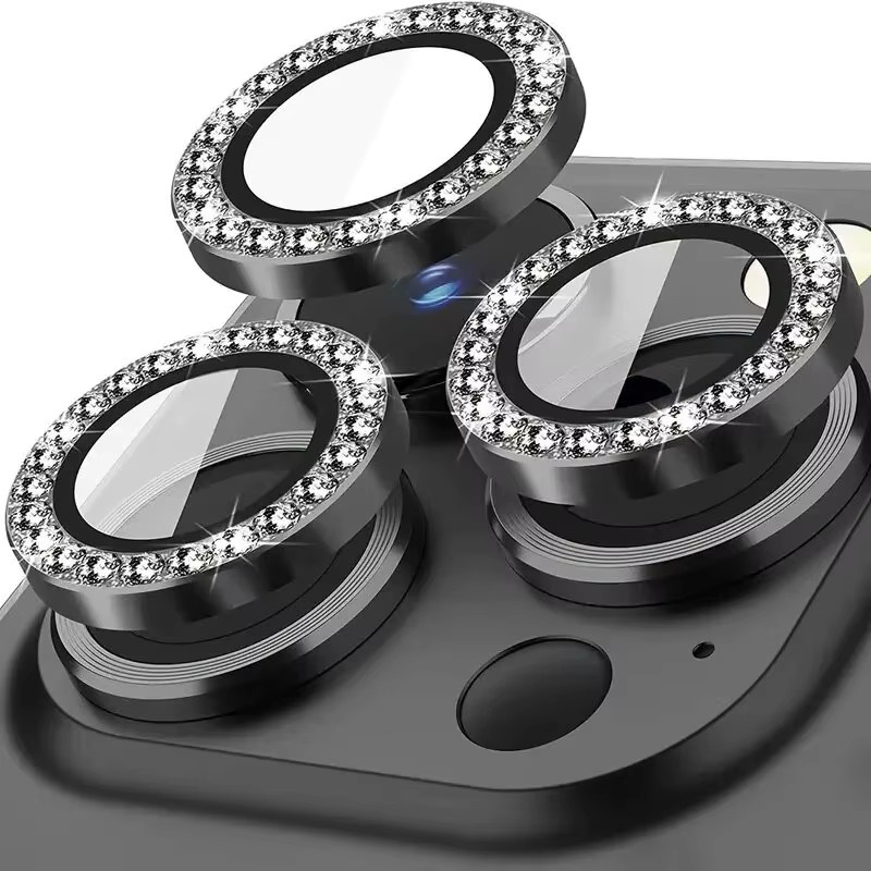 Diamant Metall Glas Kamera Objektiv Schutz für iPhone 15 Pro und iPhone 15 Pro Max, 3-teiliges Set, Silber/Weiß - Bild 2