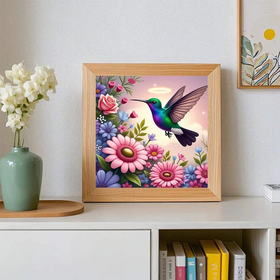 AZQSD 5D Diamantgemälde zum Selbermachen Kolibri und Blumen mit runden Diamant-Strass-Steinen als künstlerisches Bild zur Heimdekoration - Bild 3