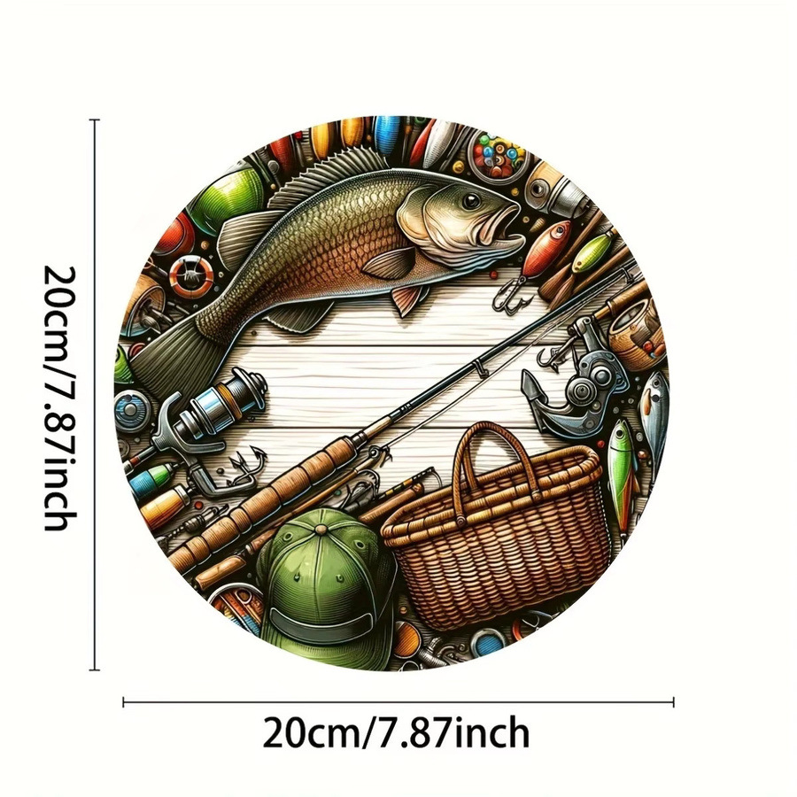 Runde Metall-Wandkunst von Potdemiel mit Barsch-Illustration und Angelausrüstung, dekoratives Aluminiumschild in Mehrfarbig, Durchmesser: 20 cm - Bild 2