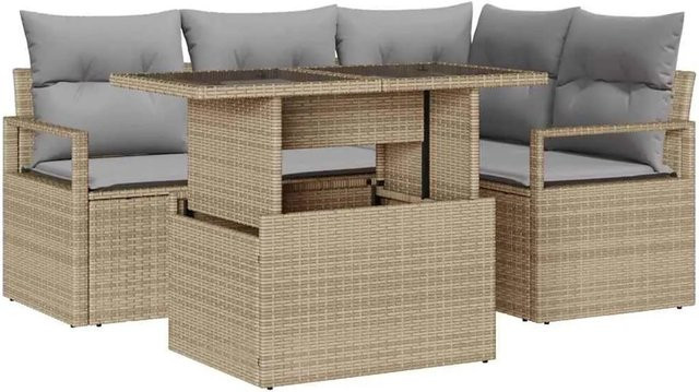 vidaXL Garten-Sofa-Set aus Poly-Rattan in Beige und Grau, 5-teiliges L-Shape Set mit Tisch und Kissen - Bild 1