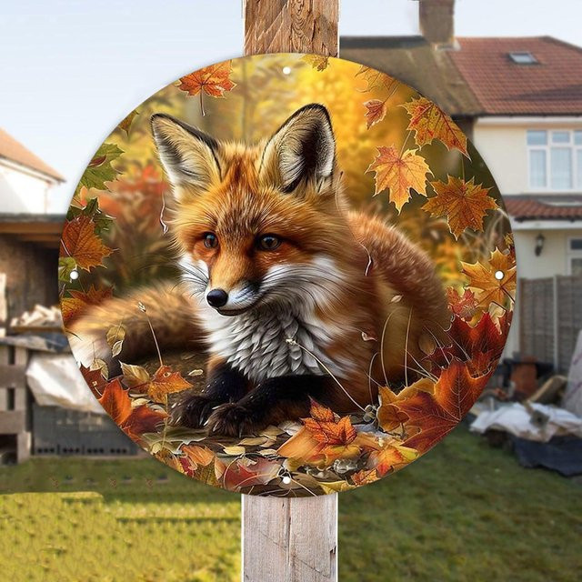 Potdemiel Rundes Metallschild Fuchs in Herbstlandschaft, Durchmesser: 20 cm, Mehrfarbig - Bild 1