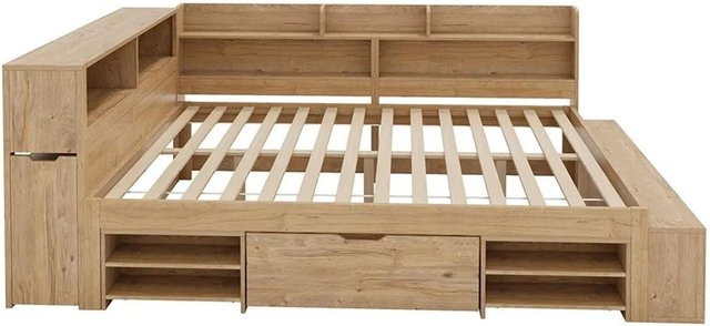 KOMHTOM Kinderbett aus Massivholz mit Stauraum, Schubladen und Regalen, Naturholz/Braun, B/T/H: 140 x 200 cm - Bild 1