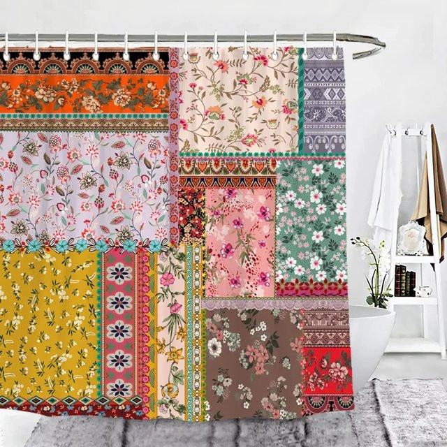 Wasserdichter Duschvorhang mit böhmischem Patchwork-Blumenmuster in Bunt, Vintage Design, B/H: 120 x 180 cm - Bild 1