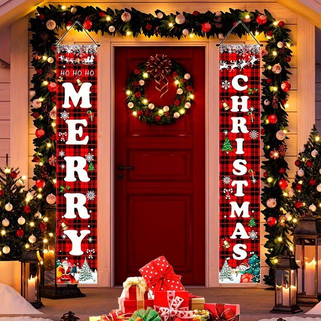 VIKAMA Weihnachts-Tür-Wandteppich in Rot und Schwarz, kariertes Banner im Vintage-Stil zur Weihnachtsdekoration, B/H: 180 x 30 cm - Bild 1