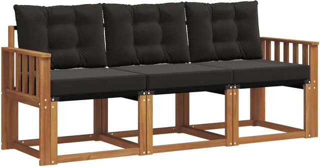 vidaXL Outdoor-Sofagarnitur 3-teilig aus Akazienholz und Textilene in Natur und Schwarz mit Kissen und Armlehnen - Bild 1