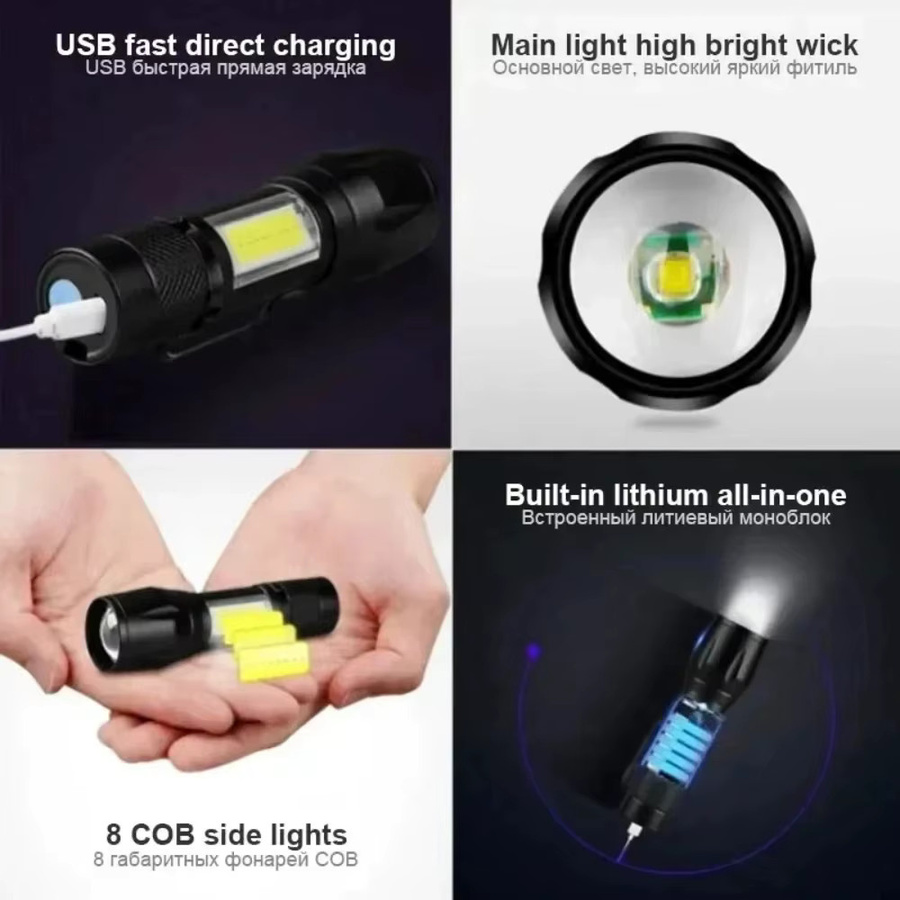 XIWANGFIRE Mini Taktische LED High Power Taschenlampe in Schwarz, wiederaufladbar mit Zoom, COB-Seitenlicht und Wasserdichtigkeit für Outdoor und Camping - Bild 2