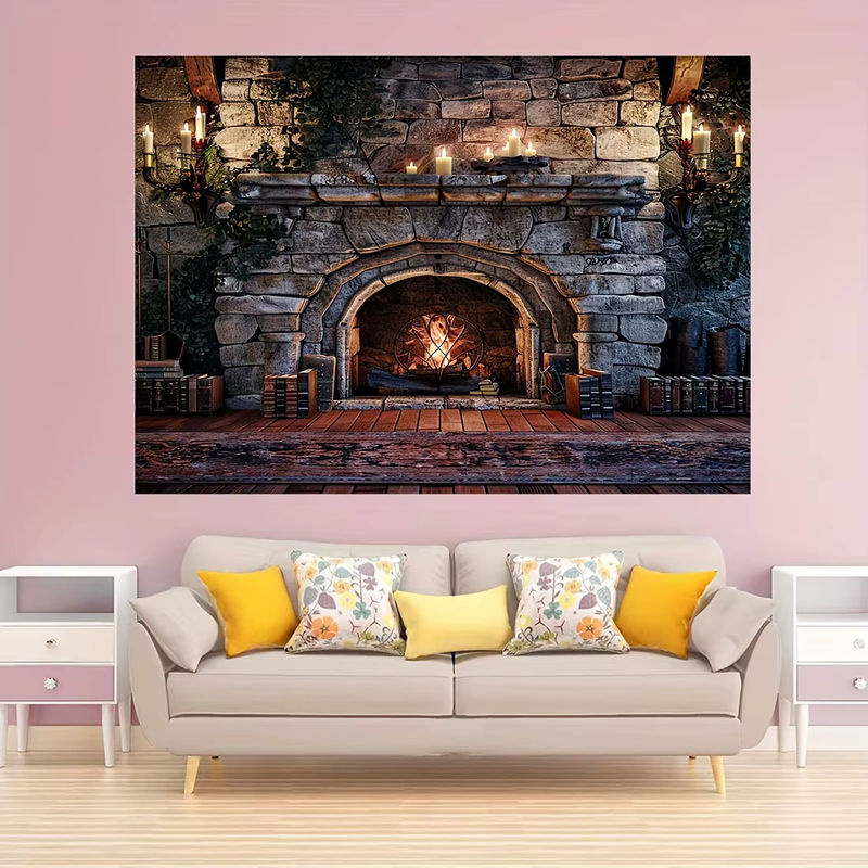 Fotohintergrund mit lebendigen Flammen, Kamin, magischen Büchern und Kerzen in Silber, B/H: 150 x 100 cm - Bild 4