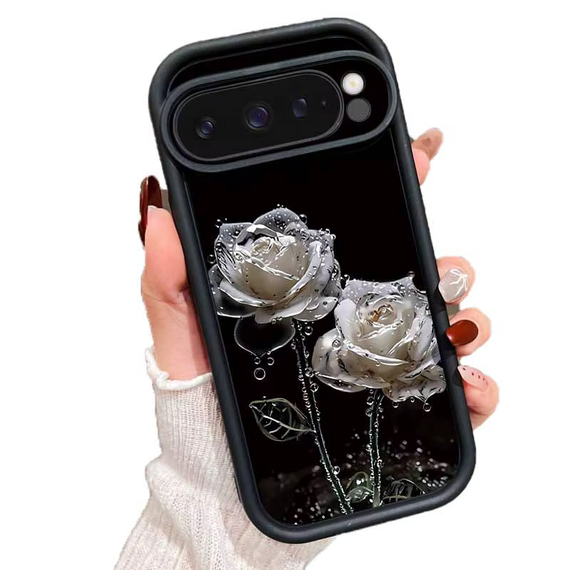 Stoßfeste TPU Schutzhülle mit Rosenblumen-Muster für Google Pixel 9 in Schwarz - Bild 4