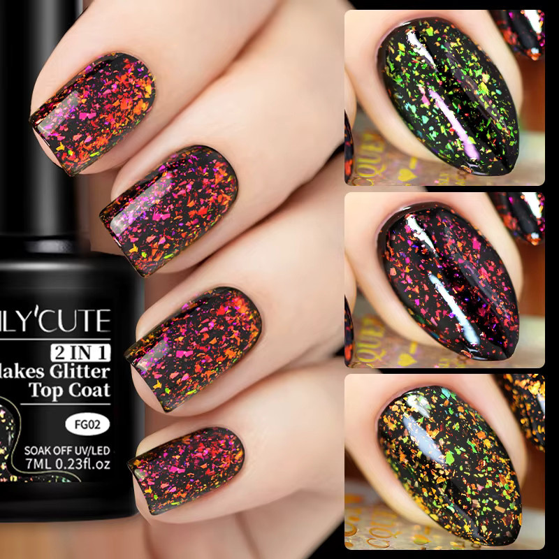 LILYCUTE Nagellack 2 in 1 Flakes Glitter Top Coat, 7 ml, Glänzend - Bild 3