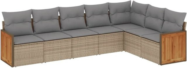 vidaXL 7-teilige Garten-Sofagarnitur in L-Form aus Poly-Rattan und Akazienholz mit Kissen in Beige-Grau - Bild 1