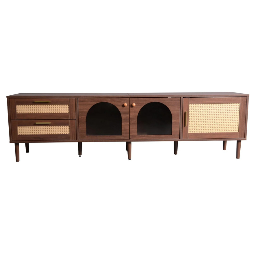 okwish TV Schrank in Braun mit Rattan Schubladen, Glastüren und integrierter LED-Beleuchtung, B/T/H: 180 x 40 x 50 cm - Bild 2
