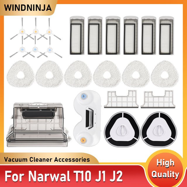 WINDNINJA Ersatzteil-Kit für Narwal T10 J1 J2 Roboterstaubsauger mit Seitenbürsten, Primärfiltern, Mopp-Tüchern und Staubbox in Weiß - Bild 1