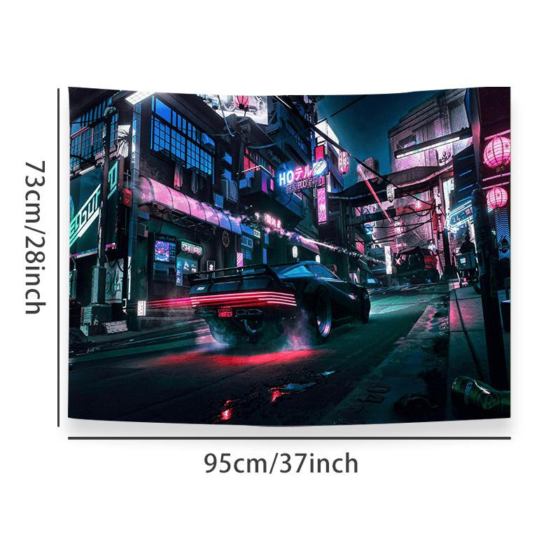 Cyberpunk-Stadt-Wandteppich mit Neonschildern und futuristischem Auto von JMG Household Supplies, Mehrfarbig, Breite: 150 cm, Höhe: 100 cm - Bild 2