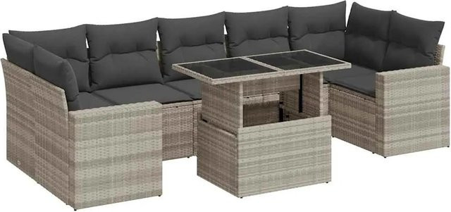 vidaXL 8-teilige Garten-Sofagarnitur in L-Form mit Kissen und Couchtisch, Hellgrau, Poly-Rattan und Metallrahmen - Bild 1