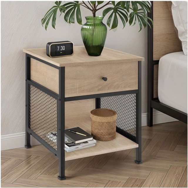 tectake Nachttisch im Industrial Style mit Schublade und Staufach, Eiche Sonoma und Schwarz, B: 45 cm, T: 46 cm, H: 55,5 cm - Bild 1