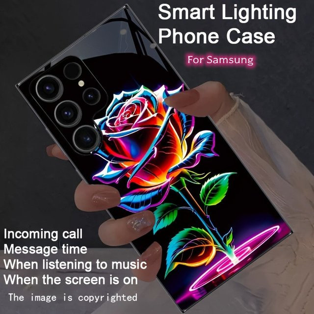 Sprachgesteuerte LED-Telefonhülle mit grünem Blatt- und Rosen-Design für Samsung Galaxy S25 S24 S23 S22 S20 FE Note20 Ultra und Z Fold 7 6 5 4 in Grün und Multicolour - Bild 1
