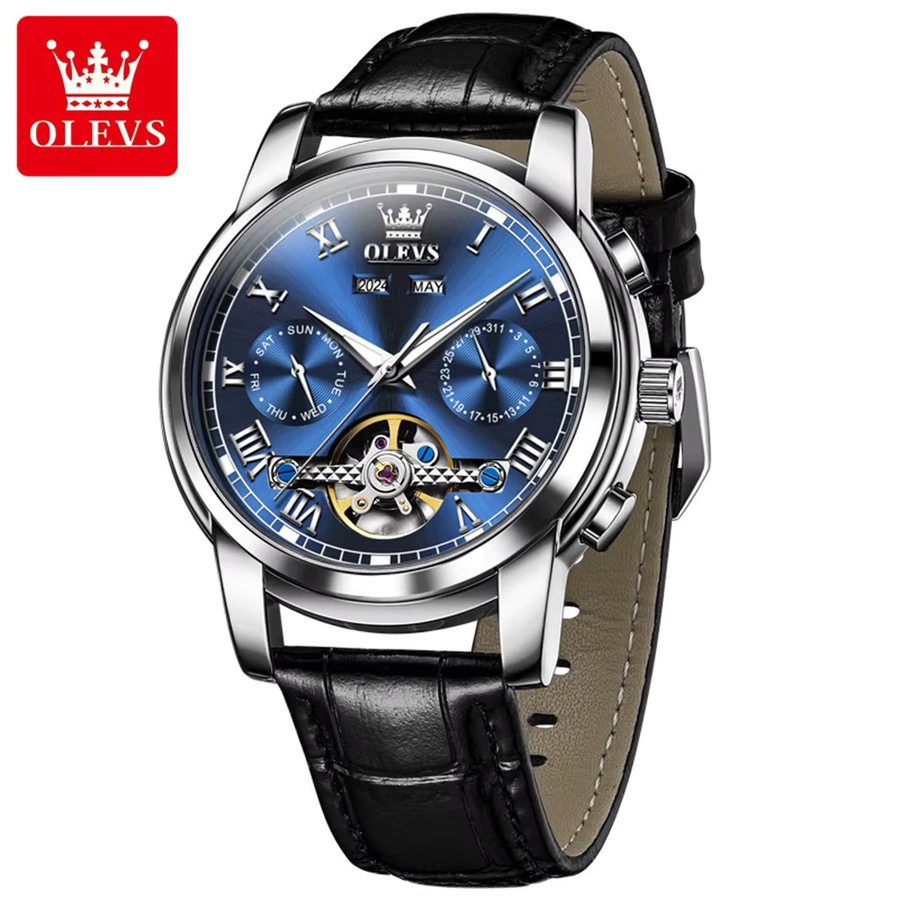 OLEVS Armbanduhr Automatik, Edelstahl, Blau, Leder, Herren - Bild 6