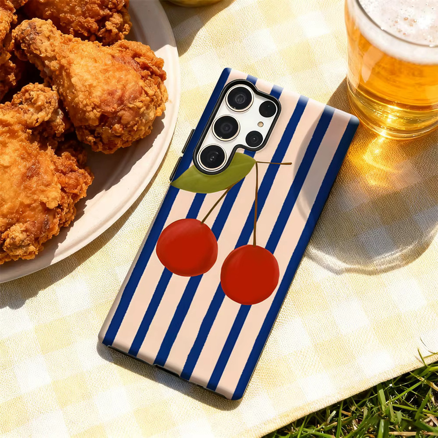 Cherry Blu Gestreifte Glänzende Handyhülle für Samsung Galaxy S25 Ultra, S24 und S23 Ultra Plus in Blau mit doppelschichtigem Rückseitenschutz - Bild 4