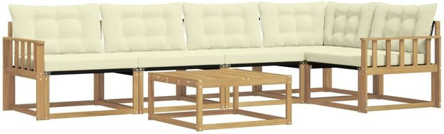 vidaXL Outdoor-Sofagarnitur aus Akazienholz mit Textilene-Polstern in Weiß und Beige, 6-teiliges L-Shape Set inklusive Couchtisch, B/T/H: 79 x 79 x 37 cm - Bild 1