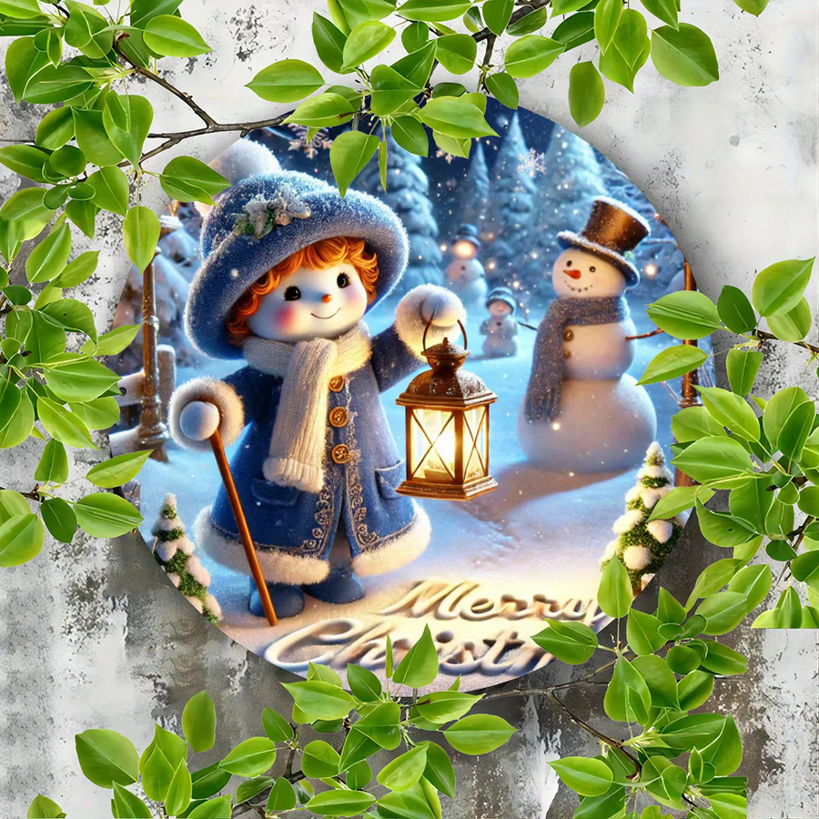 Potdemiel Weihnachts-Kranzschild Schneemann aus Metall, runder Wanddekor mit Winterszene, Durchmesser: 20,32 cm - Bild 3