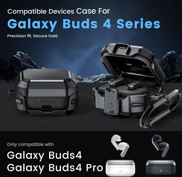 Stoßfeste Schutzhülle für Samsung Galaxy Buds 4 und Buds 4 Pro inklusive Schlüsselanhänger und Reinigungsset in Schwarz und Lila - Bild 1