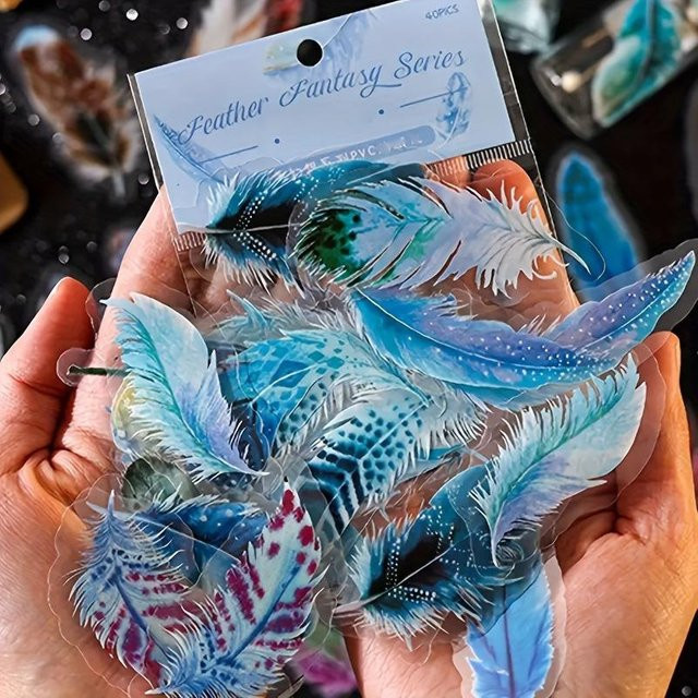 40 Stück Dekorationsaufkleber mit blauem Feder-Motiv und Glitzer-Finish aus PET und PVC für Laptops und Wasserflaschen - Bild 1