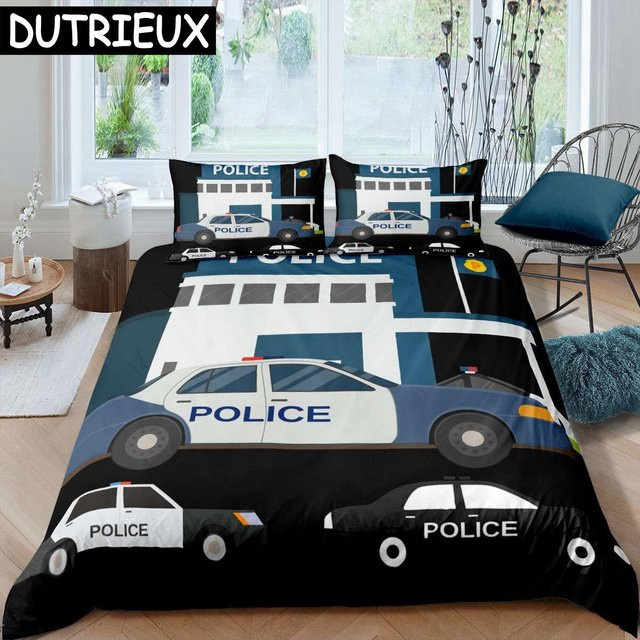 Bettwäscheset für Kinder mit Polizeiauto und Einsatzfahrzeugen in Blau und Grau, 3-teilig aus Polyester, B/H: 150 x 200 cm - Bild 1
