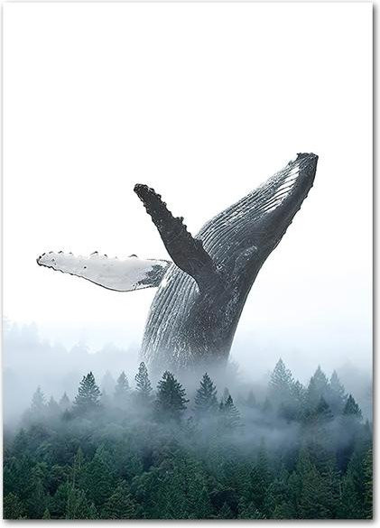 Abstrakte Wale im Wald Nordic Print Poster, Leinwandmalerei mit Naturlandschaft und Bäumen in Blau, Breite: 40 cm, Höhe: 60 cm - Bild 1