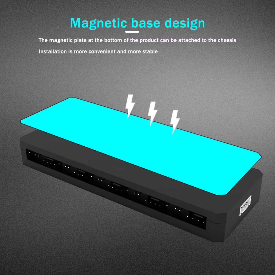 AuyiHomu 10-Port PWM ARGB Lüfter-Hub mit Fernbedienung und magnetischer Halterung in Schwarz mit SATA-Stromversorgung zur PC-Lüftersteuerung und ARGB-Lichtsynchronisation - Bild 2