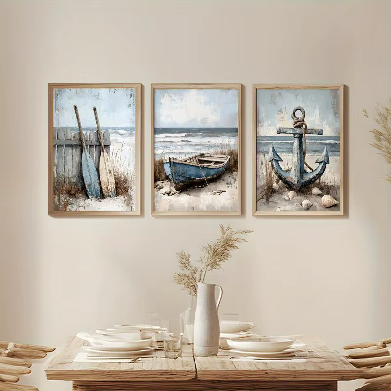 3-teiliges Set Leinwand-Wandkunst von Potdemiel mit maritimem Ozeanmotiv in Blau und Weiß - Bild 2