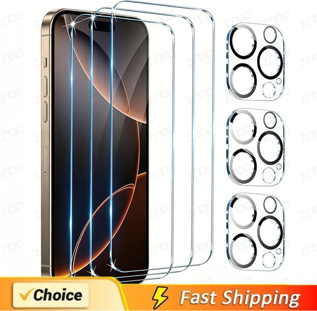 6-in-1 Panzerglas Displayschutz und Kameralinsenschutz Set für Apple iPhone 17 16 15 Pro Max Plus transparent - Bild 1