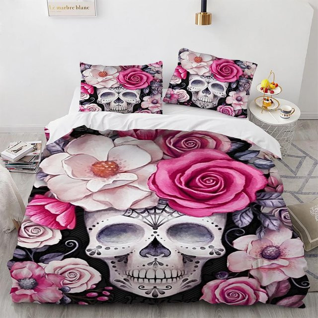 Bettwäsche-Set mit Schädel- und Blumenmuster von Binchi Outdoor Product, 3-teilig aus Polyester, Mehrfarbig, B/H: 140 x 200 cm - Bild 1