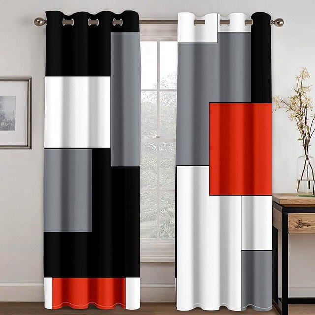 Yiran Furniture Moderne Fenstervorhänge mit abstraktem geometrischem Muster in Schwarz und Rot, 2er-Set, halbtransparent, Breite: 50 cm, Höhe: 130 cm - Bild 1