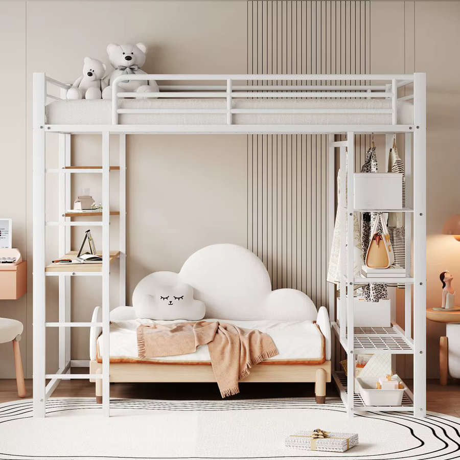 Multifunktionales Metall-Hochbett für Kinder und Jugendliche in Weiß mit Tisch, Kleiderbügeln und Aufbewahrungsfächern, B/T: 140 x 200 cm - Bild 3