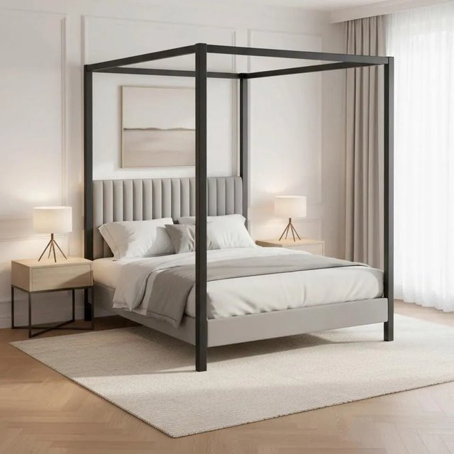 Bessagi Home Himmelbett Mona in Grau mit Baldachinrahmen und Holzlatten, B/T/H: 180 x 200 x 195 cm - Bild 1