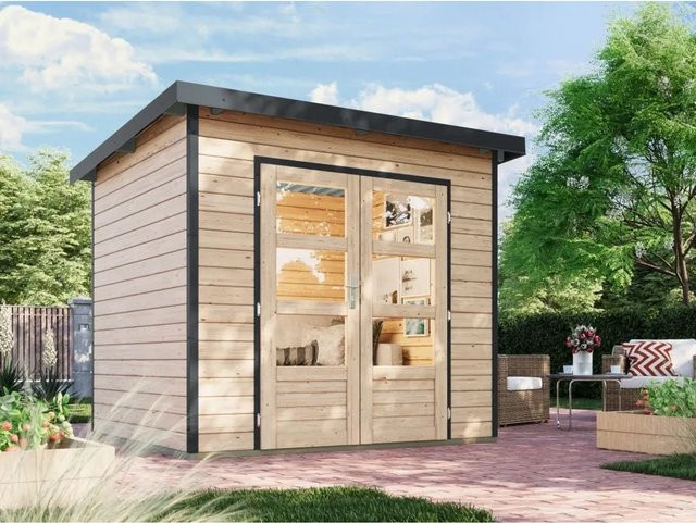 Karibu Gartenhaus Plutus in Natur mit 28 mm Wandstärke und Regenrinne - Bild 1