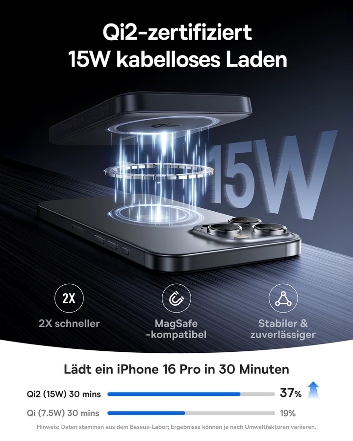 Baseus Qi2 Magnetische Powerbank 10000mAh in Schwarz mit 15W kabelloser und 22.5W PD Schnellladung - Bild 2