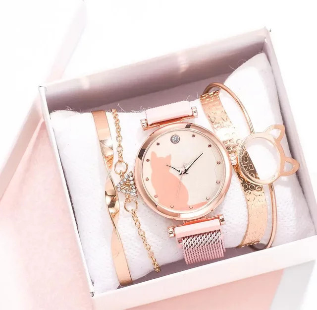 RUNERR Armband-Set, Damenuhren, Roségold, Schwarz, Quarz, Katzenmuster - Bild 1