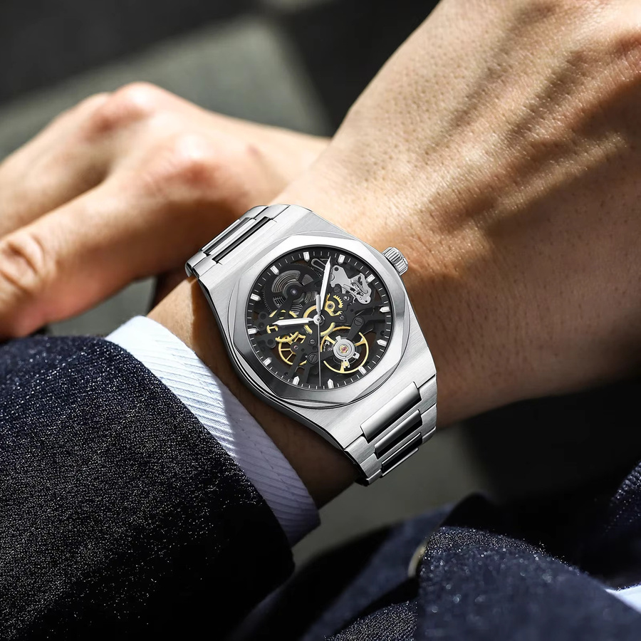 BETTIMER Mechanische Herren Uhr, Edelstahl, Silber, Saphirglas - Bild 5