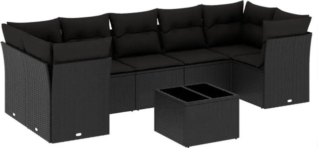 vidaXL 8-teilige Garten-Sofagarnitur in L-Form mit Tisch und Kissen, Schwarz, Poly-Rattan und pulverbeschichtetem Stahl - Bild 1