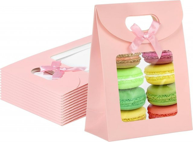 10 Stück Papier-Geschenktüten in Pink mit durchsichtigem Fenster und Griffen inklusive Schleife für Süßigkeiten und Kekse - Bild 1