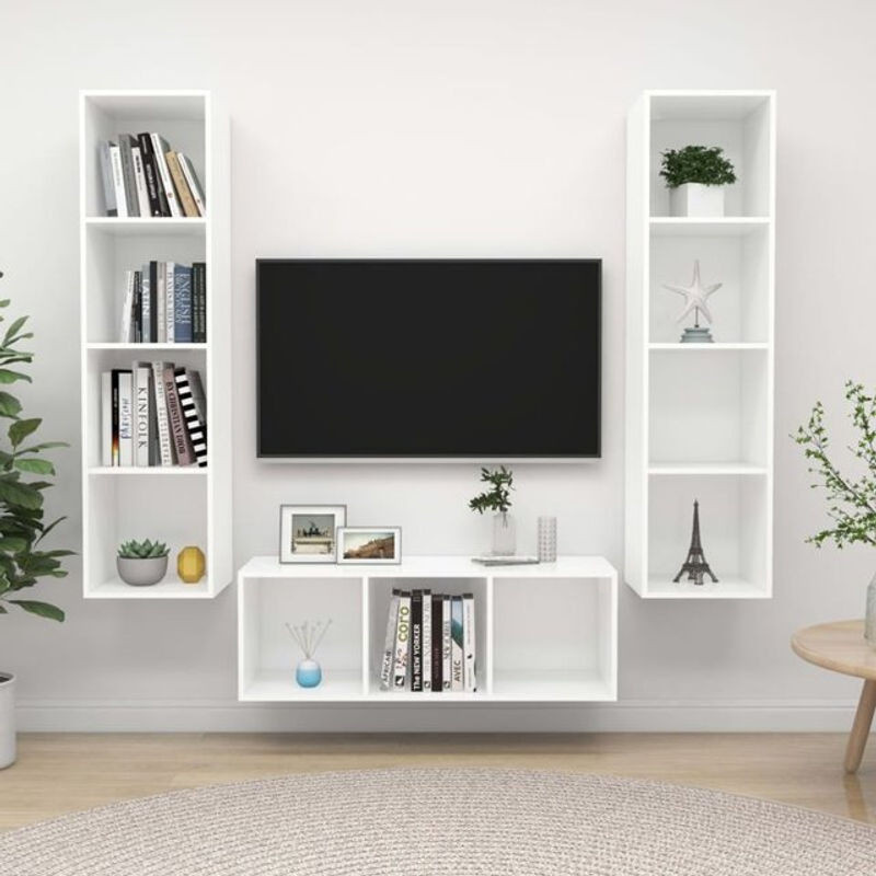 3-teiliges TV-Schrank-Set vidaxl in Weiß aus Holzwerkstoff im minimalistischen Design - Bild 1